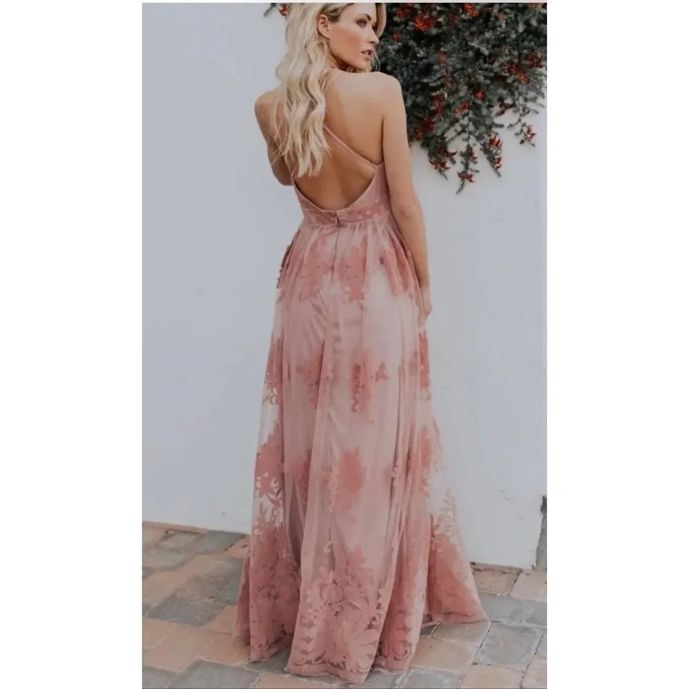 LUXXEL •  Blush Pink Velvet Floral and Tulle Deep V Plunge Back Spaghetti Cross